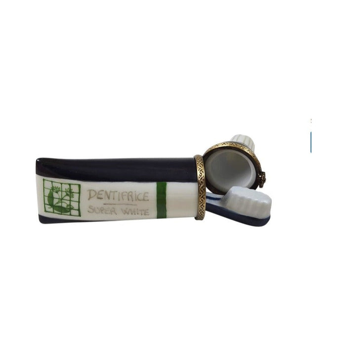 Artisan-painted Tube Toothpaste Blue Mint with Removable Brush Limoges box from France, a cherished collectible