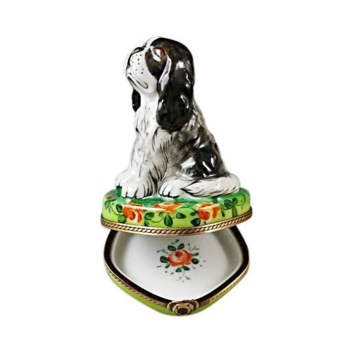 Fine art lovers will admire this Tri Color King Charles Spaniel Limoges box