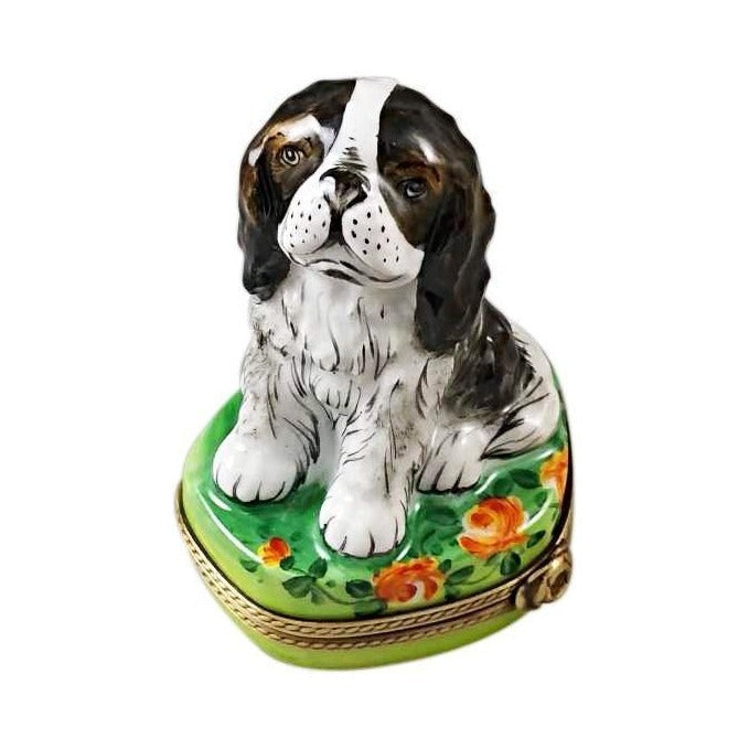 Limoges Boutique presents the Rochard Tri Color King Charles Spaniel, a genuine Limoges box painted by hand in France
