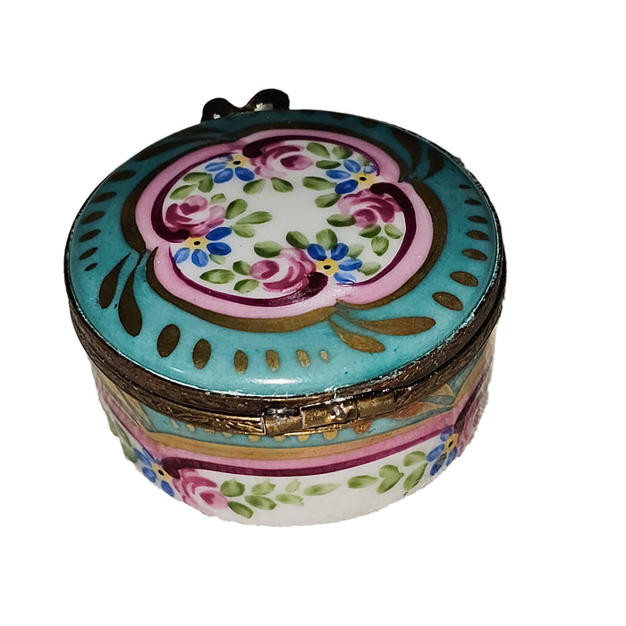 Turquoise Floral Box for Home Decor Porcelain Limoges Round French Trinket Box