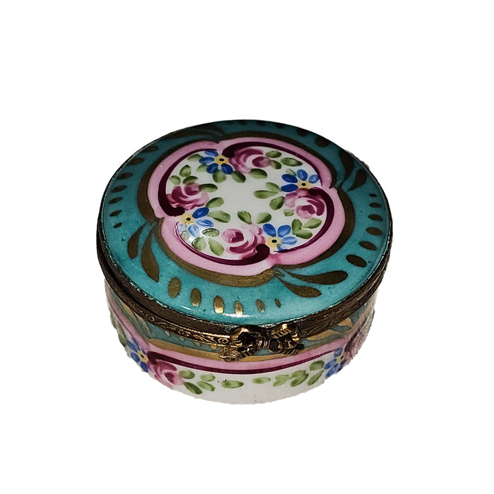 Turquoise Floral Box for Home Decor Porcelain Limoges Round French Trinket Box
