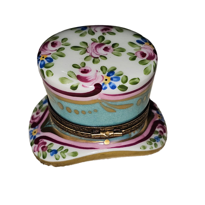 Turquoise Top Hat Box for Elegant Gifts Porcelain Limoges hat perfume French Trinket Box
