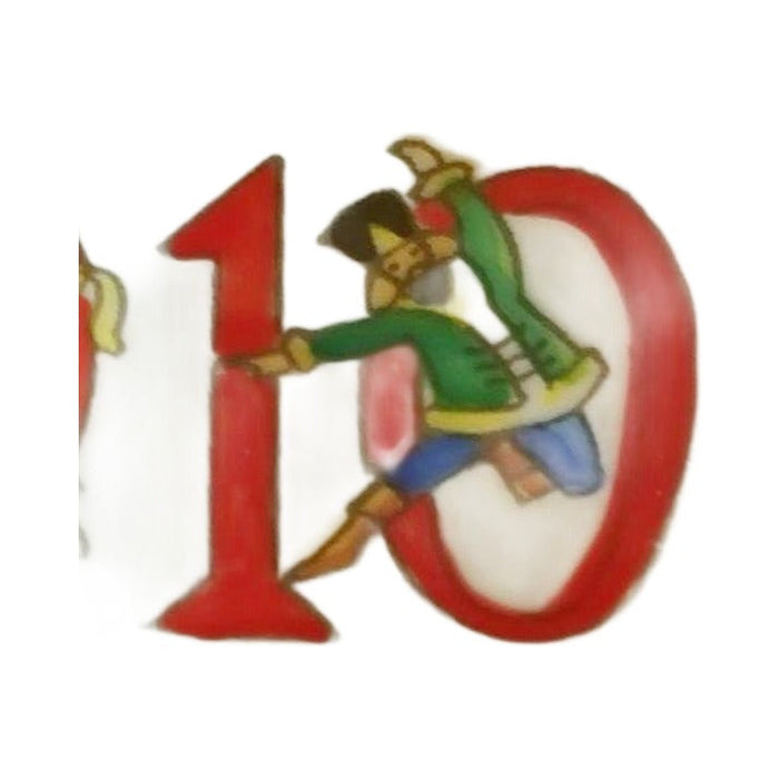 Ten lords a-leaping in green across the red 10 on the Twelve Days of Christmas Limoges box
