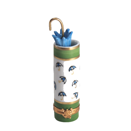 Blue umbrella in green umbrella stand, hand-painted Limoges porcelain box by Artoria