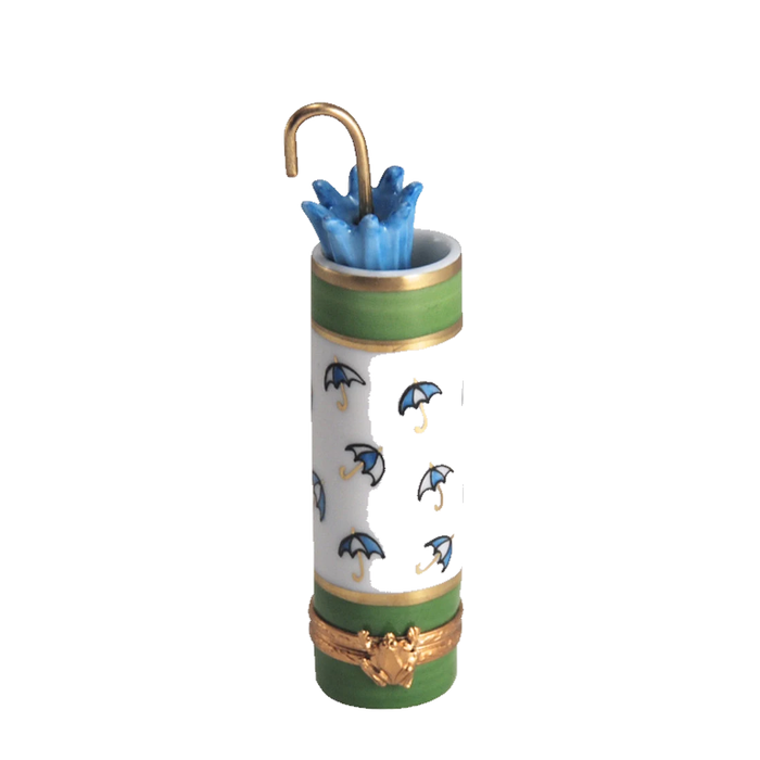 Blue umbrella in green umbrella stand, hand-painted Limoges porcelain box by Artoria