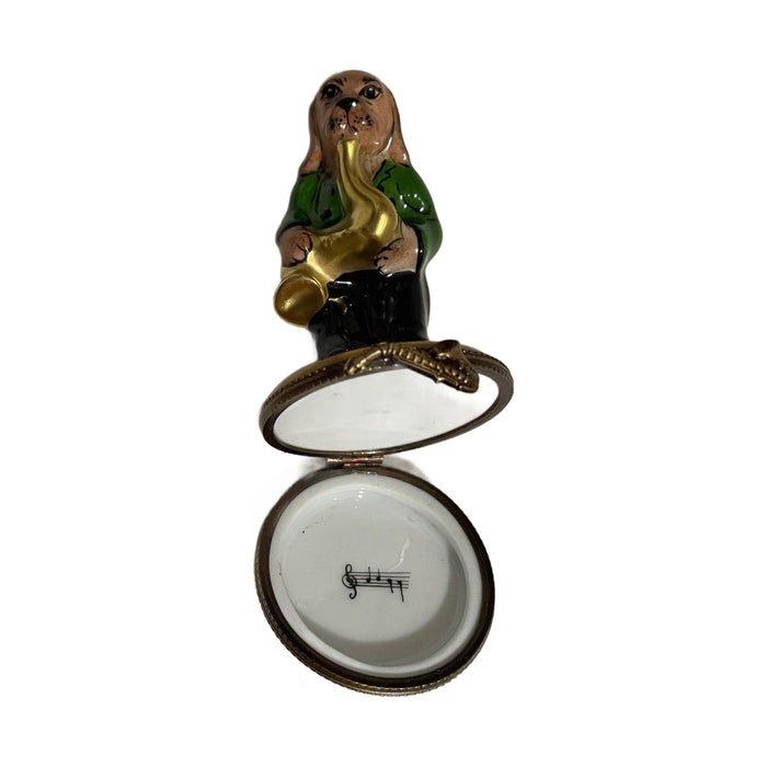 Vintage saxophone dog Limoges box opened