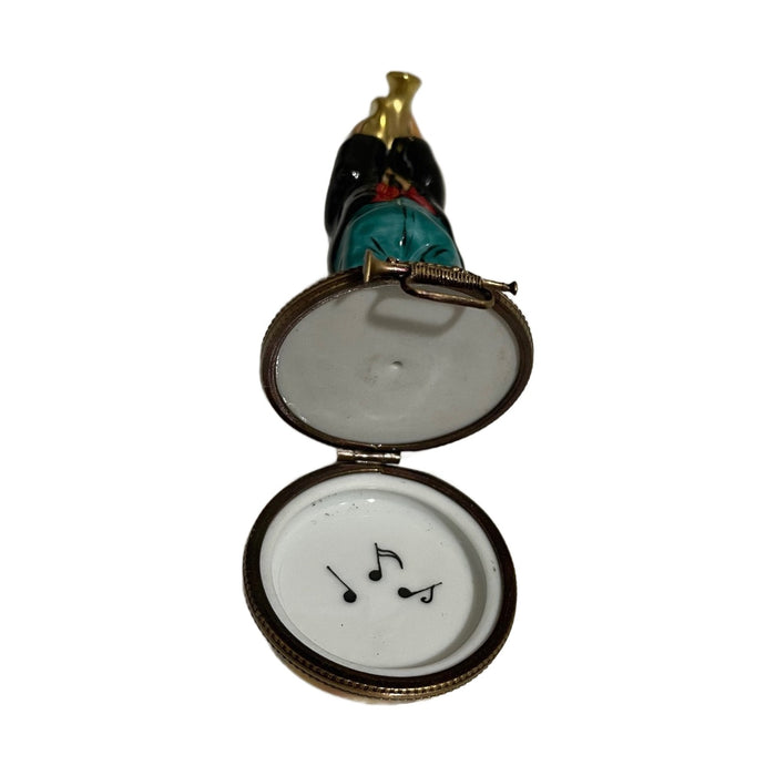 Vintage trumpet dog Limoges box opened - white background