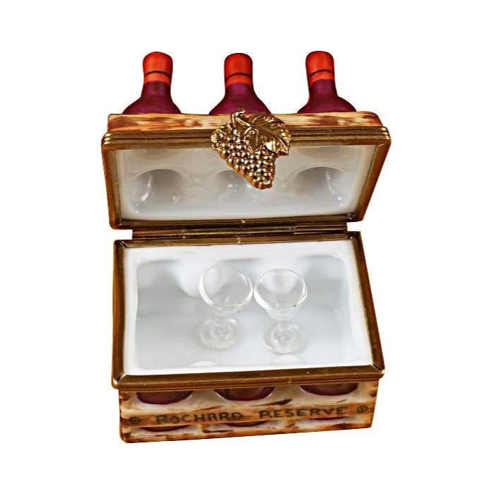 Collectible Wine Bottles Crate Two Glasses Limoges box with artisan brushwork