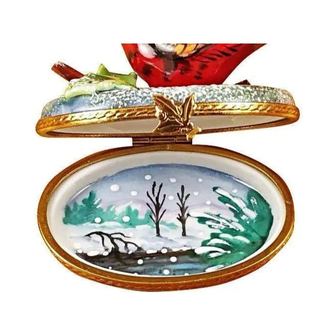 Painted details on the Winter Cardinal Christmas Cardinal Limoges box, French art in miniature