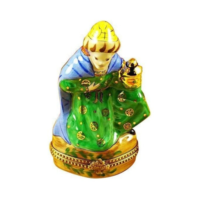 Limoges Boutique presents the Rochard Wiseman Green Coat, a genuine Limoges box painted by hand in France