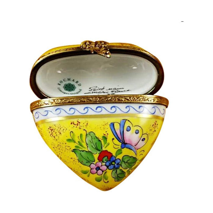 Painted details on the Yellow Butterfly Heart Limoges box, French art in miniature