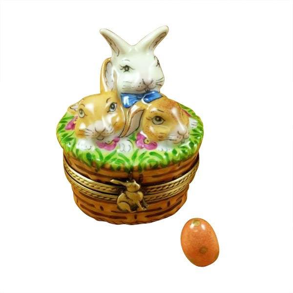 3 Rabbits in a Basket with Removable Limoges Porcelain Egg Trinket Box - Limoges Box Boutique