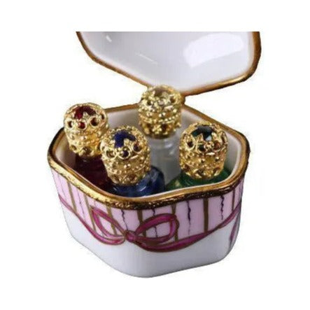Fine art lovers will admire this Odd Shape 4 Perfume Bottles Limoges box