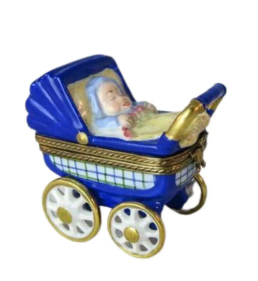 Baby Carriage Blue for New Parents Porcelain Limoges Babies Figurine French Trinket Box