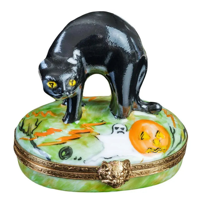 Black Halloween Cat for Festive Decor Porcelain Limoges Cat Halloween French Trinket Box