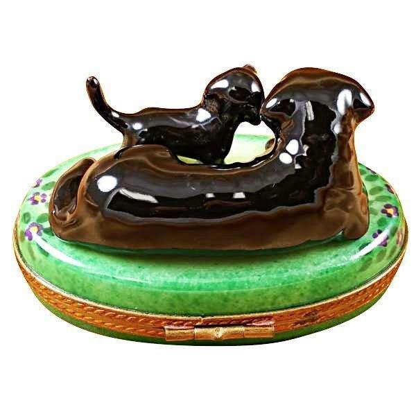 Black Labrador and Puppy Collectible Porcelain Limoges dog French Trinket Box