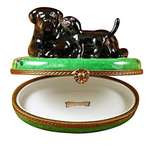 Black Labrador and Puppy Collectible Porcelain Limoges dog French Trinket Box