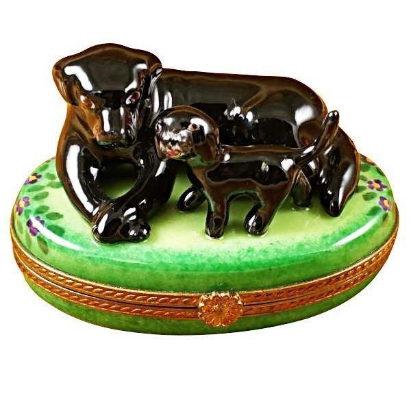 Black Labrador and Puppy Collectible Porcelain Limoges dog French Trinket Box