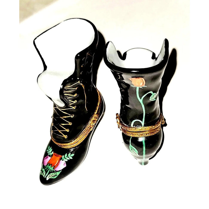 Black Rose Boot for Collectors Porcelain Limoges shoes French Trinket Box