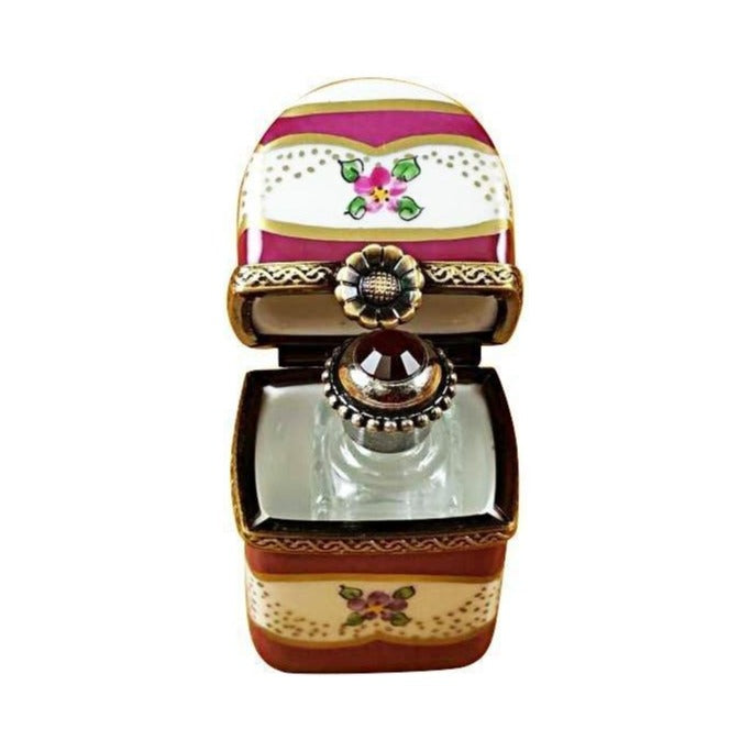 Fine French craftsmanship on the Burgundy Tall with Flowers Bottle Limoges box, painted by hand