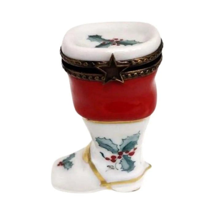 Treasured French collectible: Christmas Boot with Mistletoe Limoges box, painted by hand
