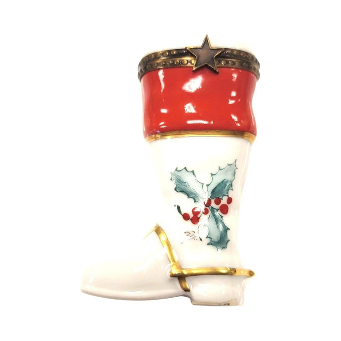 Christmas Boot with Mistletoe Limoges box painted by hand in Limoges, France, a gift to treasure