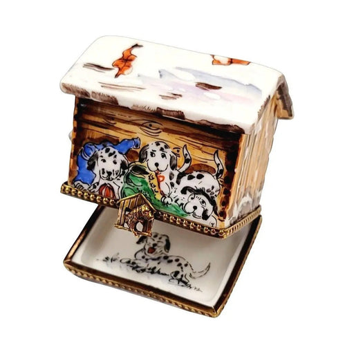 Treasured French collectible: Dalmation Dog in Winter Dog House Limoges box, painted by hand