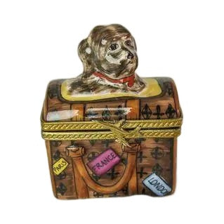 Treasured French collectible: Dog in Travel Bag Limoges box, painted by hand