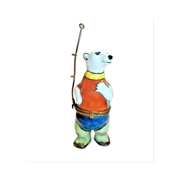Limoges Boutique presents the La Gloriette Fishing Polar Bear Fisherman, a genuine Limoges box painted by hand in France