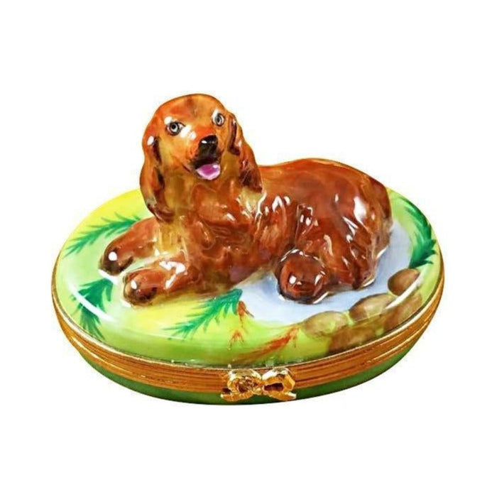 Limoges Boutique presents the Rochard Irish Setter, a genuine Limoges box painted by hand in France