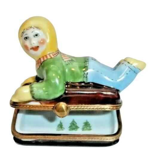 Kid on Sled Limoges Box for Holiday Cheer Porcelain Limoges xmas theme Box winter French Trinket Box