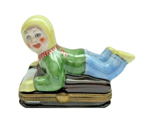 Kid on Sled Limoges Box for Holiday Cheer Porcelain Limoges xmas theme Box winter French Trinket Box