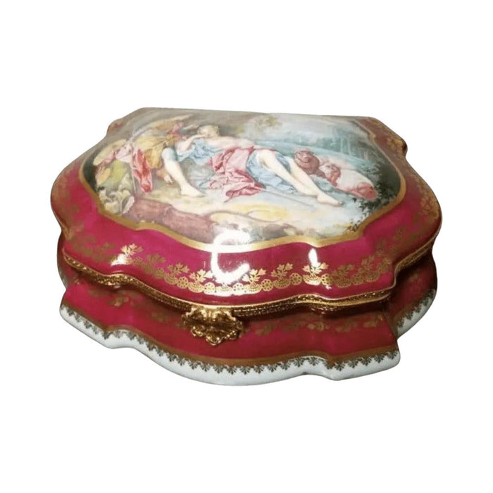 Scalloped crimson Lovers Limoges box with a romantic courting scene on the lid, gilded in fine French style