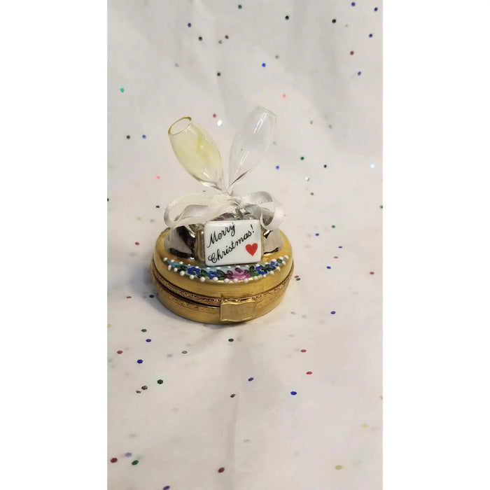 Merry Christmas Celebration Box Porcelain Limoges xmas theme xmas glasses gift French Trinket Box