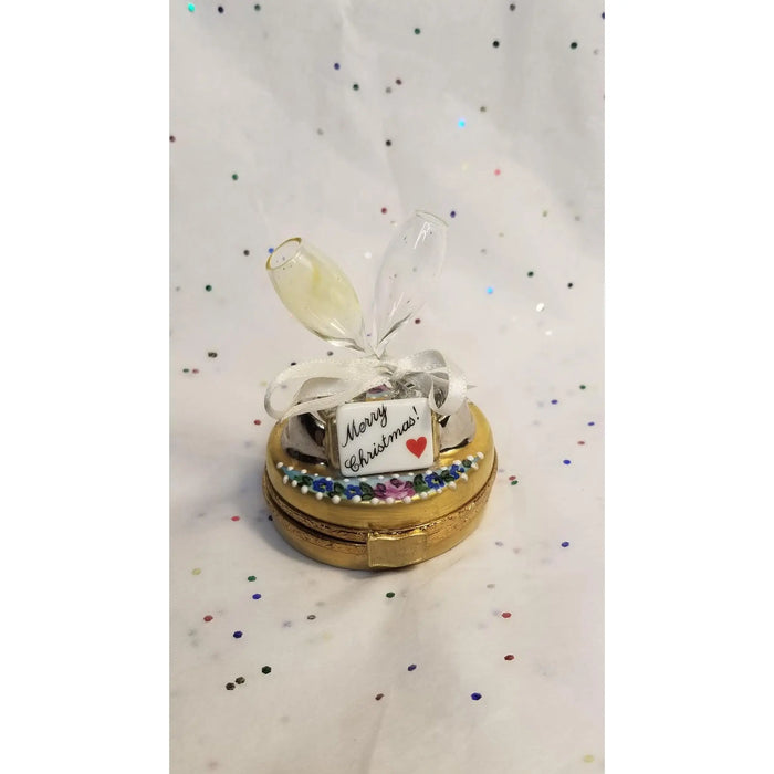 Merry Christmas Celebration Box Porcelain Limoges xmas theme xmas glasses gift French Trinket Box