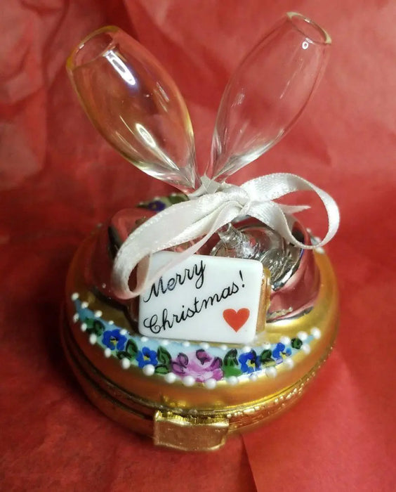 Merry Christmas Celebration Box Porcelain Limoges xmas theme xmas glasses gift French Trinket Box