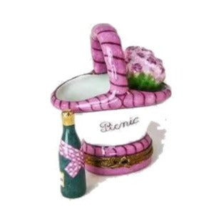 Hand-painted Picnic Basket Flowers Champagne Limoges box, French artistry for lovers of fine art