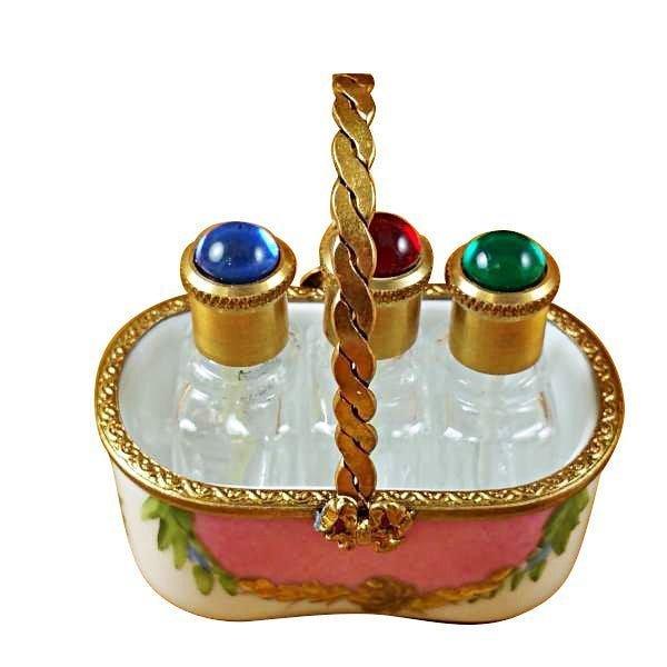 Pink Basket with Bottles for Elegant Collectors Porcelain Limoges perfume French Trinket Box