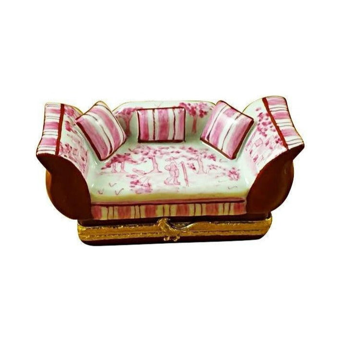 Authentic Rochard Pink Toile Sofa with Pillows Limoges box, hand-painted in France, from Limoges Boutique