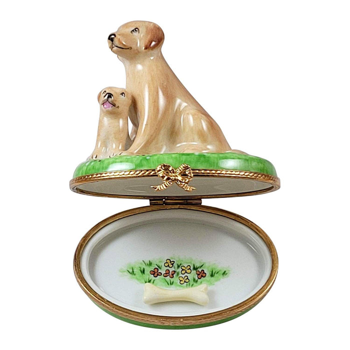 Sitting Yellow Lab & Puppy And Removable Bone Limoges Box - Limoges Box Boutique