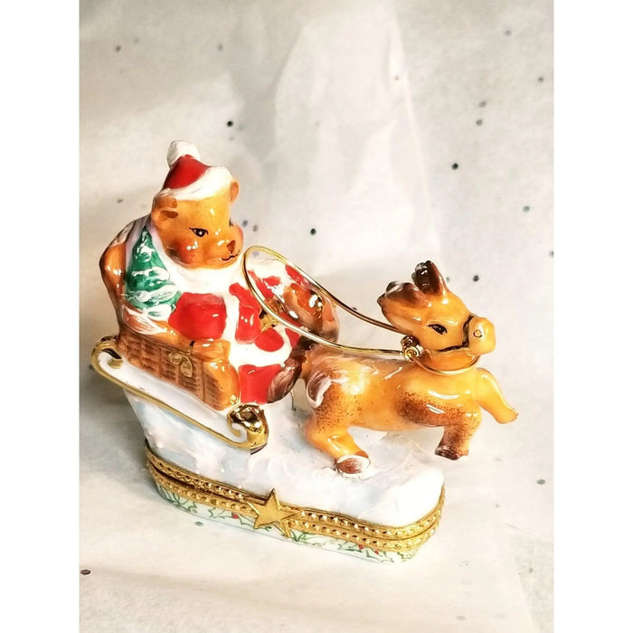 Santa Bear Sleigh Adventure Porcelain Limoges xmas theme teddy French Trinket Box