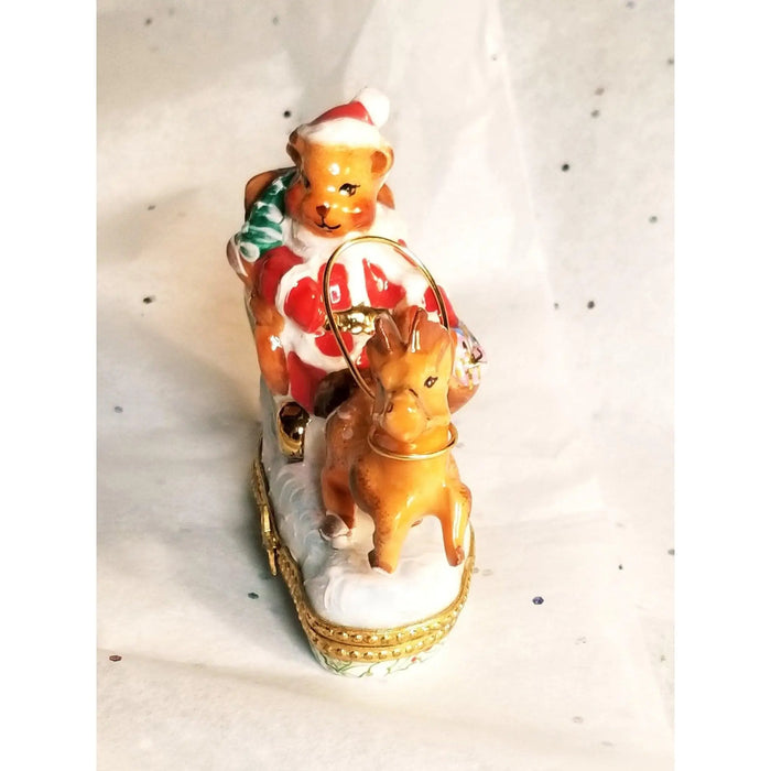 Santa Bear Sleigh Adventure Porcelain Limoges xmas theme teddy French Trinket Box