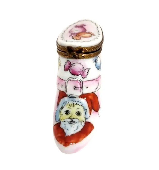 Santa Boot Candy Box for Holiday Cheer Porcelain Limoges Santa Shoes French Trinket Box