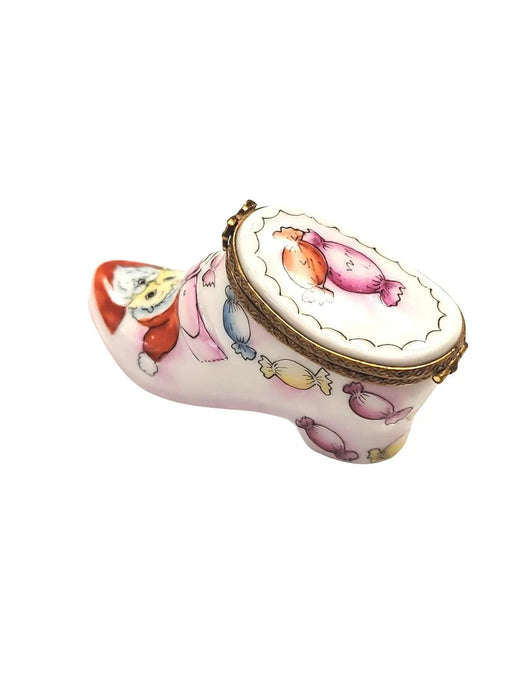 Santa Boot Candy Box for Holiday Cheer Porcelain Limoges Santa Shoes French Trinket Box