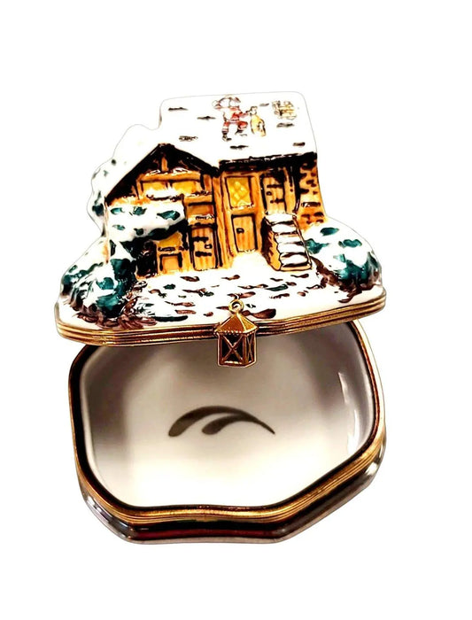 Santa On Cottage Roof for Holiday Cheer Porcelain Limoges santa christmas French Trinket Box