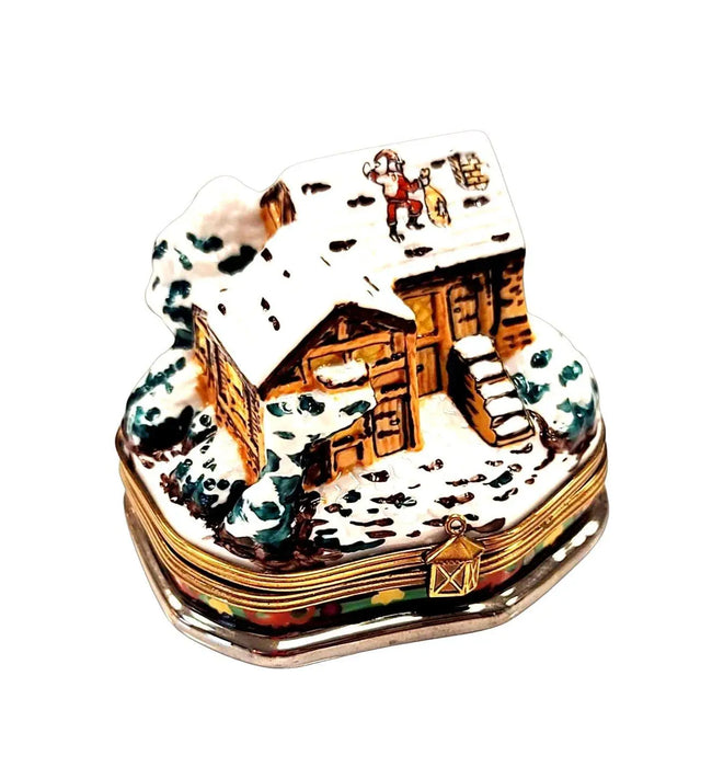 Santa On Cottage Roof for Holiday Cheer Porcelain Limoges santa christmas French Trinket Box