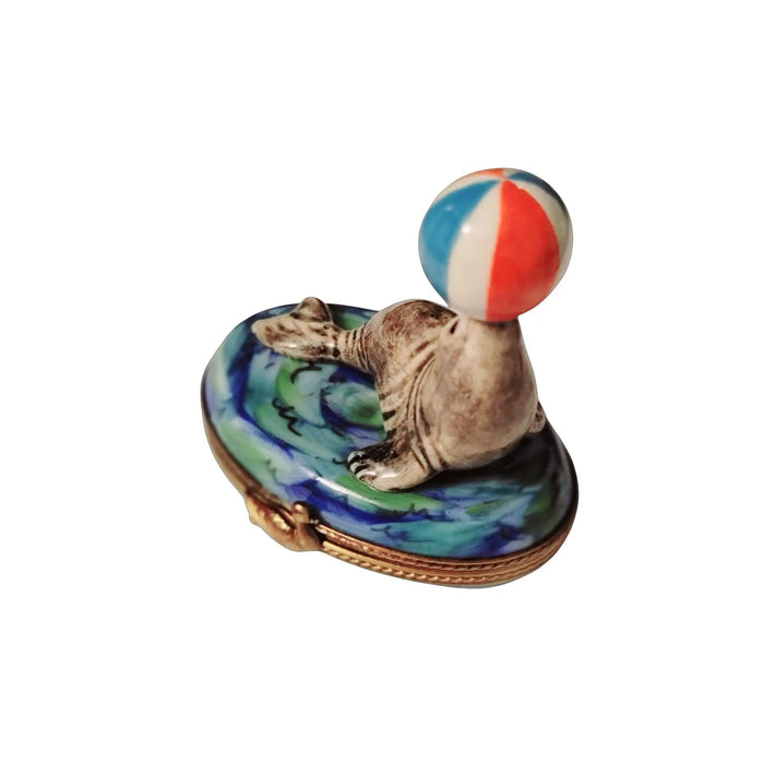 Seal with Beach Ball for Ocean Lovers Porcelain Limoges Limoges Ocean Fish beach Limoges Boxes French Trinket Box