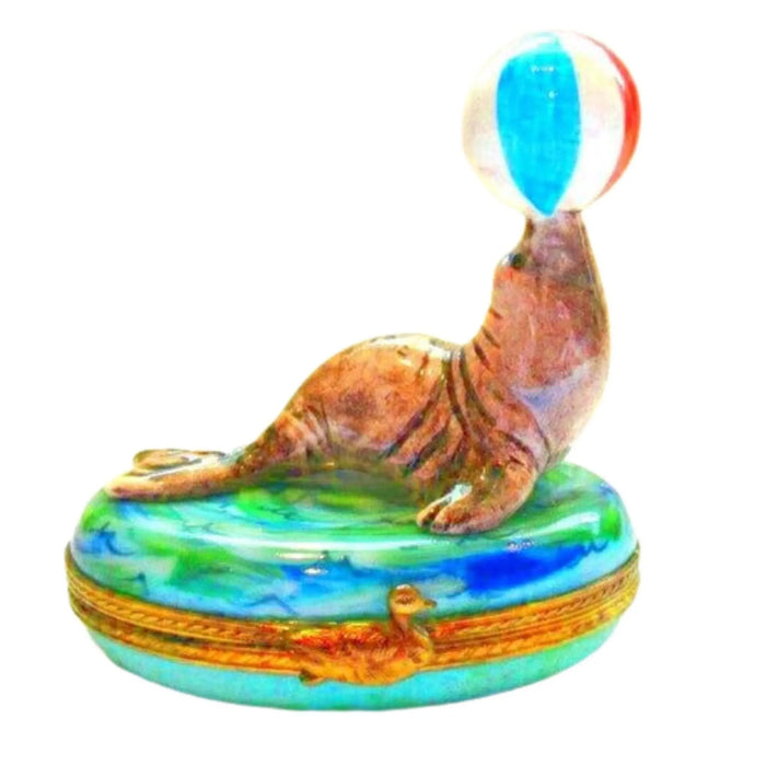 Seal with Beach Ball for Ocean Lovers Porcelain Limoges Limoges Ocean Fish beach Limoges Boxes French Trinket Box