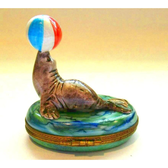 Seal with Beach Ball for Ocean Lovers Porcelain Limoges Limoges Ocean Fish beach Limoges Boxes French Trinket Box