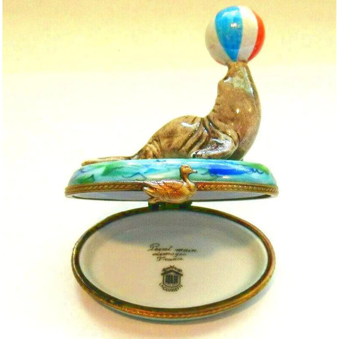 Seal with Beach Ball for Ocean Lovers Porcelain Limoges Limoges Ocean Fish beach Limoges Boxes French Trinket Box